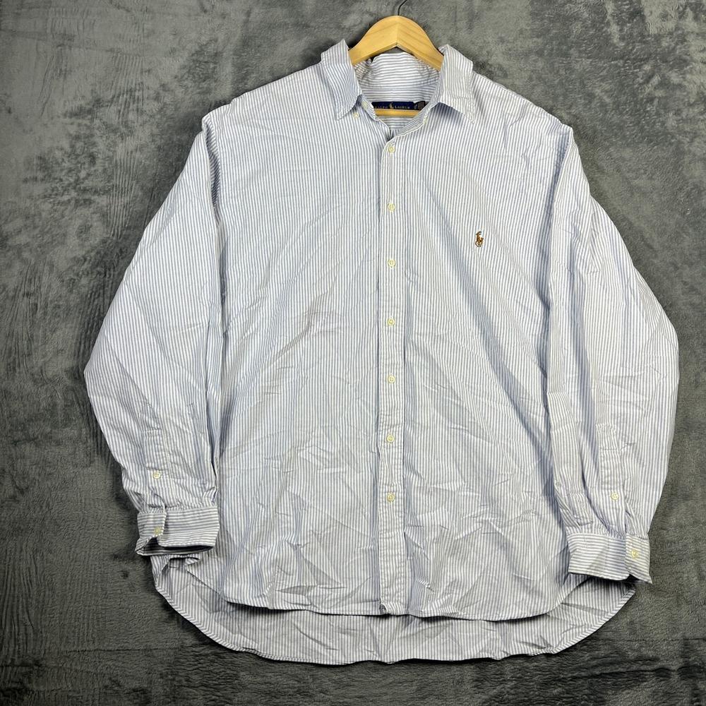 Ralph Lauren Shirt Mens 2XB Blue White Pinstripe Back Box Curved Hem Button Down